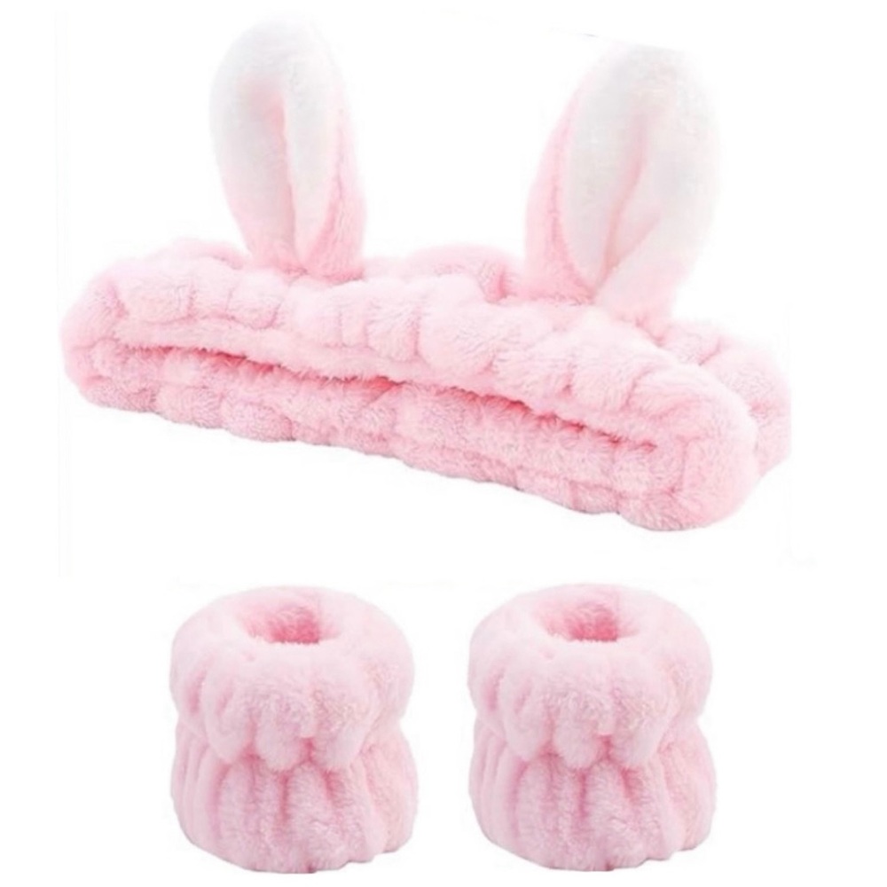 Pink Bunny Ear Spa Headband & Wristbands Set Face Washing Skincare Makeup, [New]
